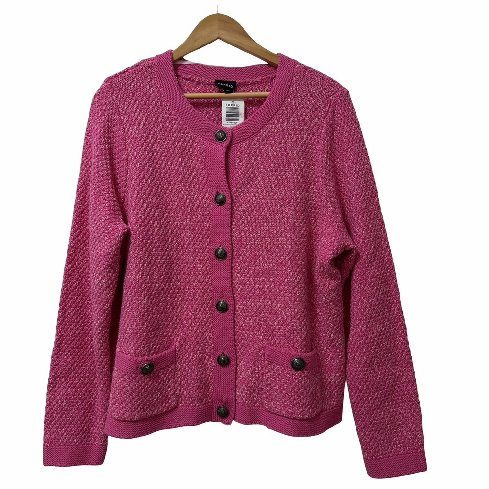 Torrid Womens  Skull Button Up Cardigan Size 2X Pink Chunky Knit Preppy Academia
